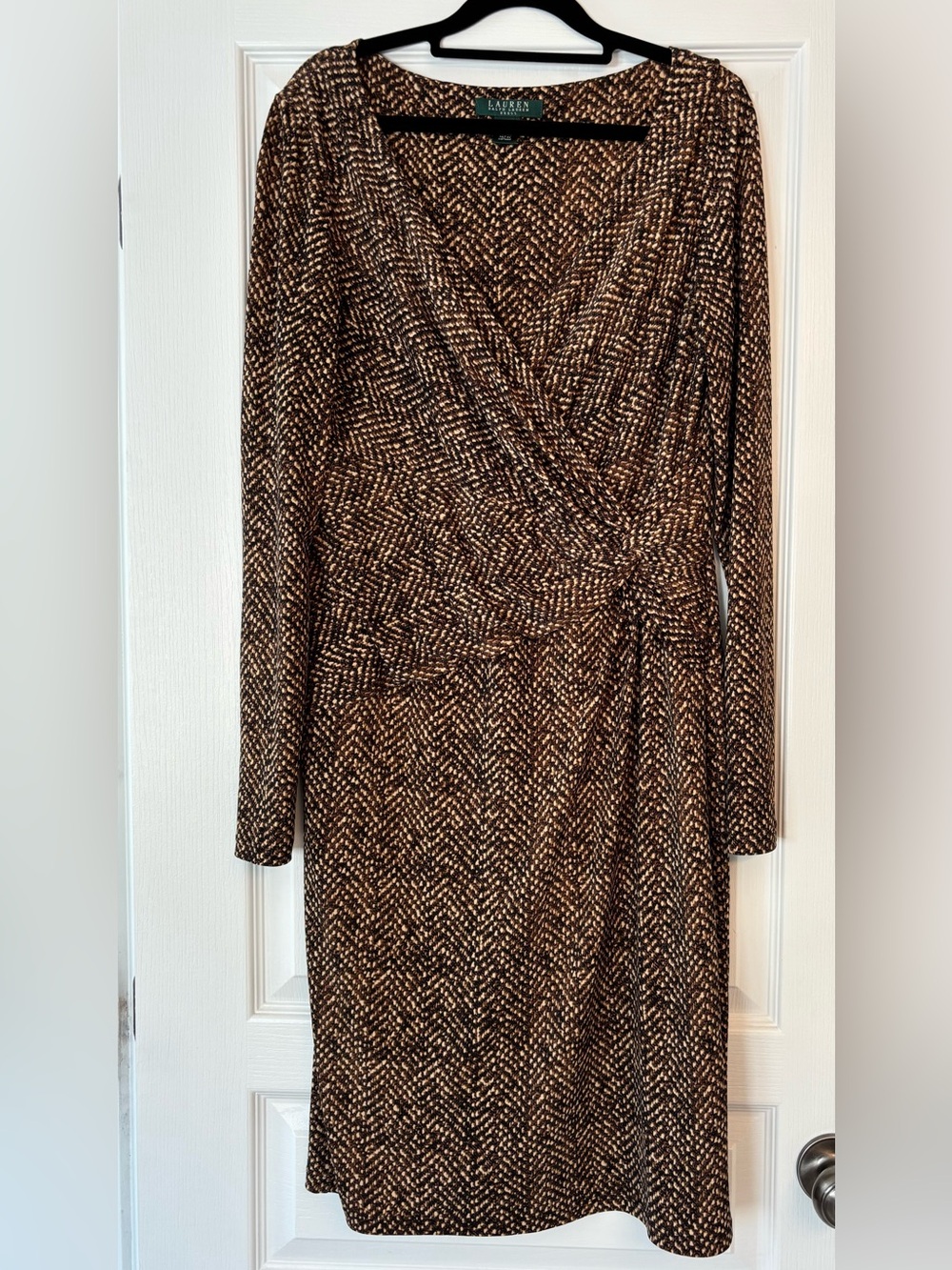 Ralph Lauren Brown and Cream Patterned Long Sleeve Faux Wrap Dress